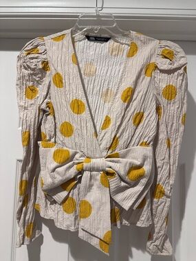 Zara Kahki Blouse with Mustard Polka Dots and Front Tie Peplum Top